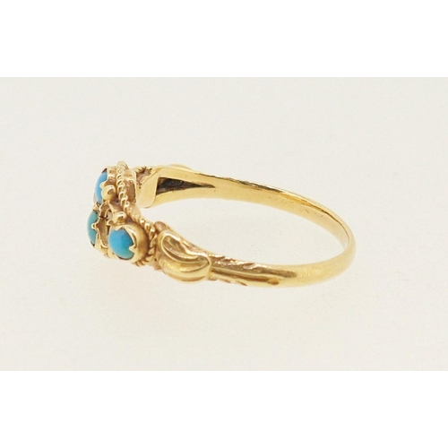 413 - A Victorian gold ring set turquoise and seed pearl (one pearl deficient) size I, 1.5g