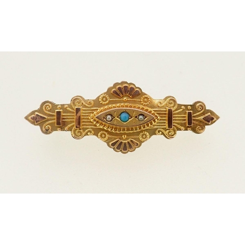 451 - A Victorian 9 carat gold bar brooch set turquoise and seed pearls, 4cm wide, 1.9g