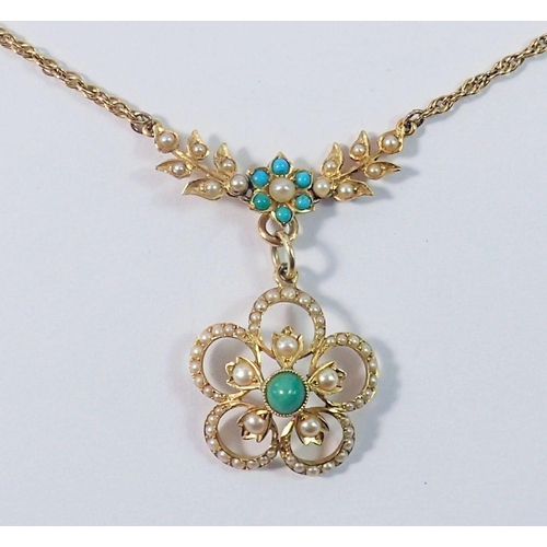 462 - A 9ct gold pendant necklace set seed pearl and turquoise motif and floral cluster detachable drop, w... 