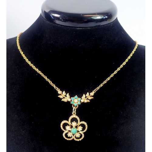 462 - A 9ct gold pendant necklace set seed pearl and turquoise motif and floral cluster detachable drop, w... 