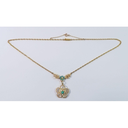 462 - A 9ct gold pendant necklace set seed pearl and turquoise motif and floral cluster detachable drop, w... 