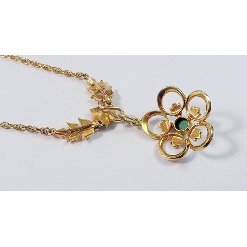 462 - A 9ct gold pendant necklace set seed pearl and turquoise motif and floral cluster detachable drop, w... 