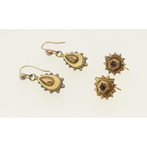 464 - A pair of Victorian yellow metal pendant earrings and a 9 carat gold pair of earrings set red stones... 