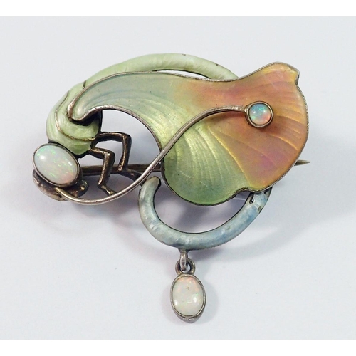 465 - An Art Nouveau enamel dragonfly brooch set opals, 3.5cm tall