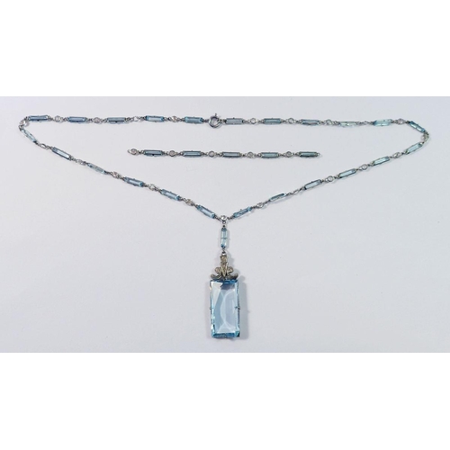 480 - A French Art Deco Platinon 'aquamarine' and crystal glass pendant necklace (extra chain), stone 3cm ... 