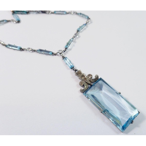 480 - A French Art Deco Platinon 'aquamarine' and crystal glass pendant necklace (extra chain), stone 3cm ... 