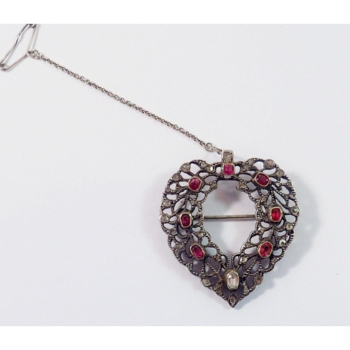 481 - A white metal heart form pendant/locket set rubies and diamonds (largest stone not a diamond) 15g, 4... 