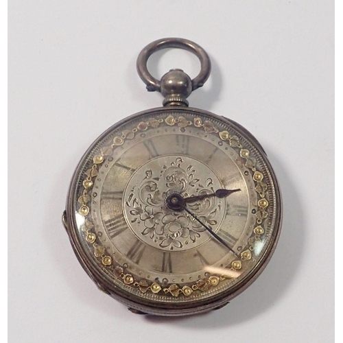 645 - A continental 19th century white metal fob watch with engraved inlaid dial by William Kibble