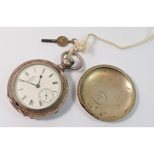 653 - A Waltham silver plated keyless wind 'American' pocket watch and key by P S Bartlett, No. 3387888