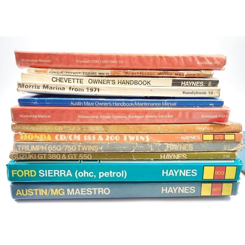 699 - A box of Haynes manuals, an Austin Healey Sprite handbook 1958 etc.