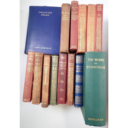 715 - A box of literary books including some leather bindings and works by Ruskin, Thackeray etc.