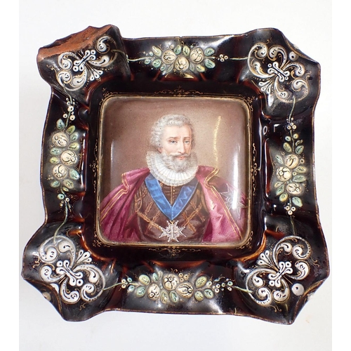 828 - A 19th century Limoges enamel small tazza decorated portrait of 16th century gentlemen, wearing Orde... 