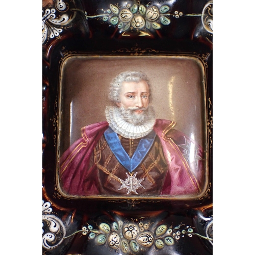 828 - A 19th century Limoges enamel small tazza decorated portrait of 16th century gentlemen, wearing Orde... 