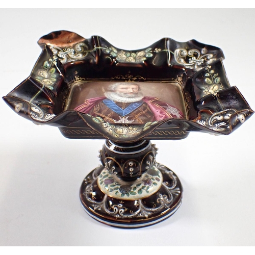 828 - A 19th century Limoges enamel small tazza decorated portrait of 16th century gentlemen, wearing Orde... 