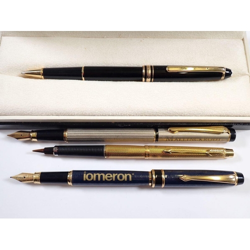 839 - A Mont Blanc ballpoint pen, boxed and three various fountain pens including a gold plated Parker