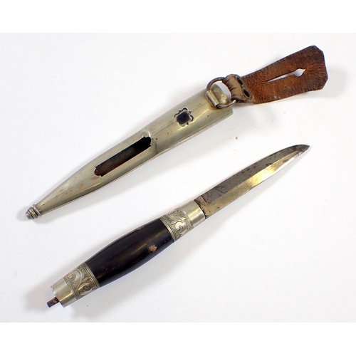 847 - An Eastern white metal and hardwood stiletto knife and sheath, 15cm