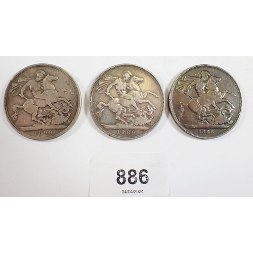 886 - Three Victoria silver crowns 1888, 1889 and 1890