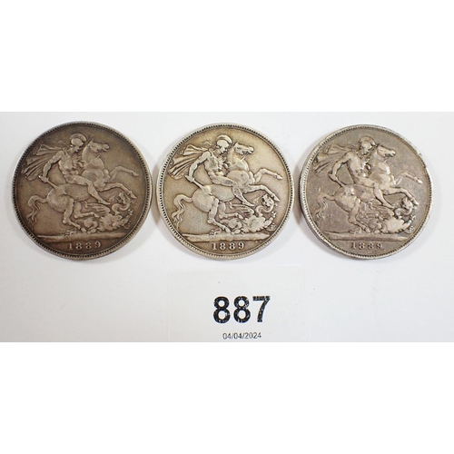 887 - Three Victoria 1889 silver crowns