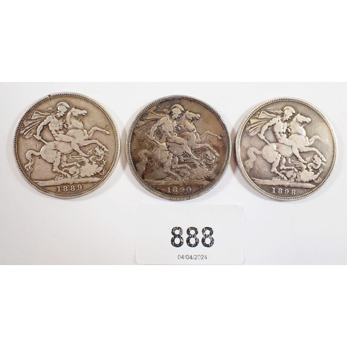 888 - Three Victoria silver crowns 1889, 1890 and 1898