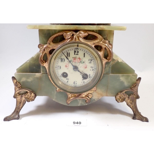 940 - A French mid 19th century onyx clock with floral painted enamel dial and spelter cherub surmount, 53... 