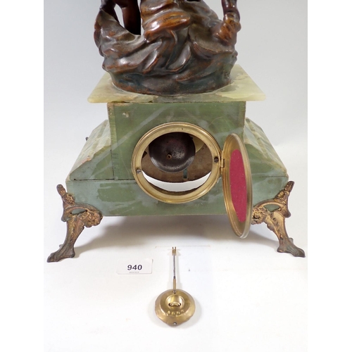 940 - A French mid 19th century onyx clock with floral painted enamel dial and spelter cherub surmount, 53... 