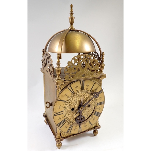 941 - A 19th century brass lantern clock with two train movement, 39cm tall