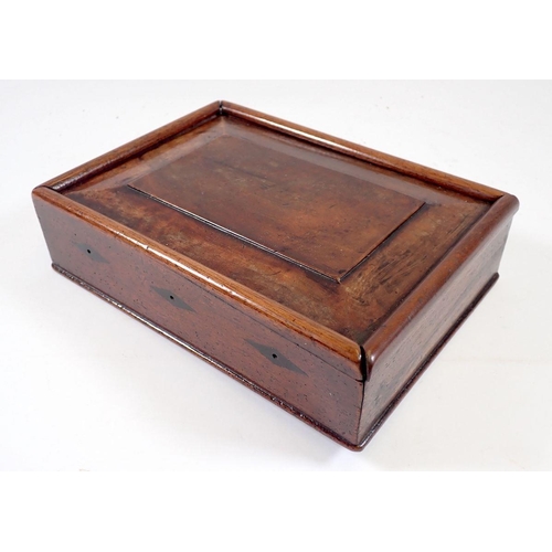 954 - A Victorian mahogany cotton reel box with sliding lid, 14 x 19cm and three marquetry darning eggs