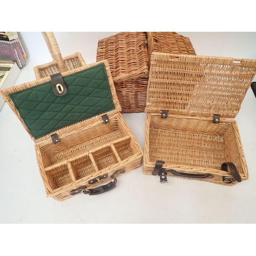 987 - Three wicker picnic baskets and a wicker basket with handle