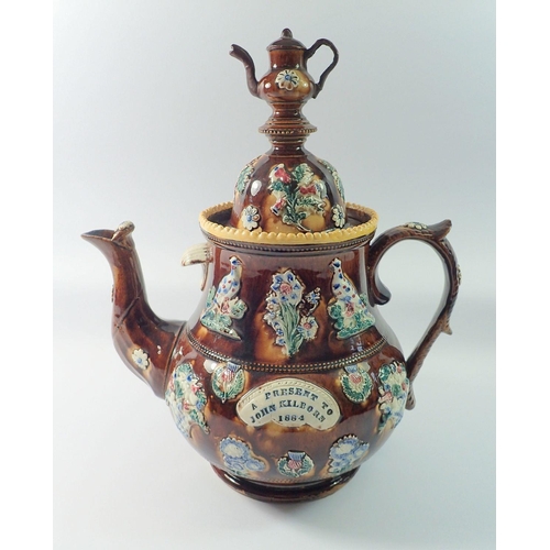 1 - A large Victorian Barge Ware teapot 'A Present to John Kilborn 1884'