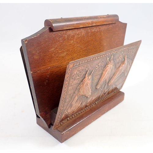 1004 - A copper and oak correspondence rack embossed horses, 25cm wide