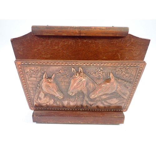 1004 - A copper and oak correspondence rack embossed horses, 25cm wide