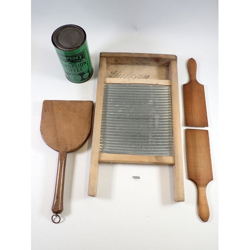 1006 - A group of kitchenalia, washboard, butter pats, chopping board