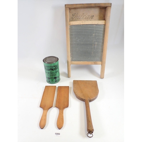 1006 - A group of kitchenalia, washboard, butter pats, chopping board