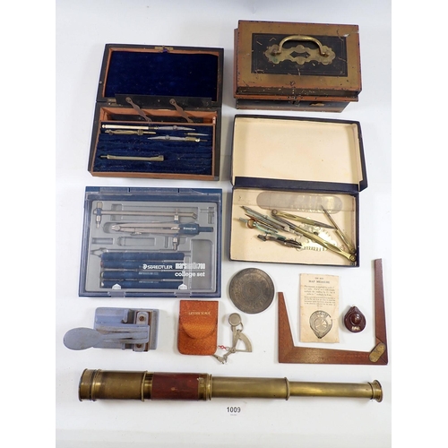 1009 - Various drawing instruments and an old cash box etc