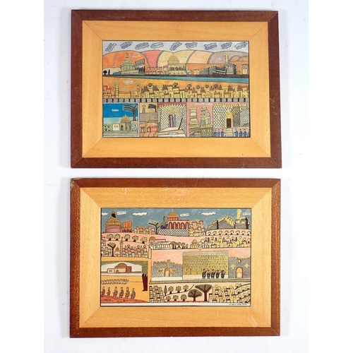 1016 - Two Shalom of Safed marquetry pictures of Jerusalem and a white metal and turquoise inlaid Jewish pr... 