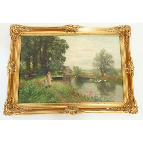 1035 - Henry John Yeend King - oil on canvas children by a riverside & mill, 49 x 75cm