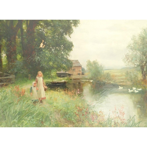 1035 - Henry John Yeend King - oil on canvas children by a riverside & mill, 49 x 75cm