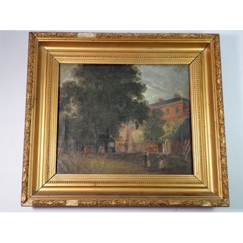 1036 - A 19th century oil on canvas country house scene with figures, 25 x 30cm