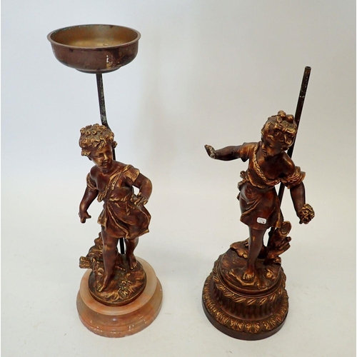 1040 - Two bronze finish lamp base figures of a boy and girl, (lacking lamp fittings) 44cm and 48cm tall