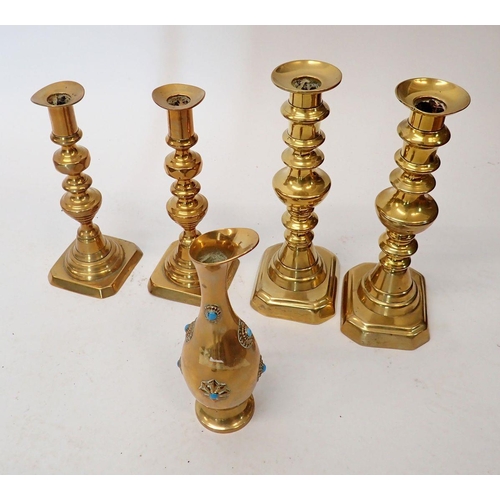 1055 - Four Georgian brass candlesticks, tallest 25cm and an Indian vase inlaid turquoise