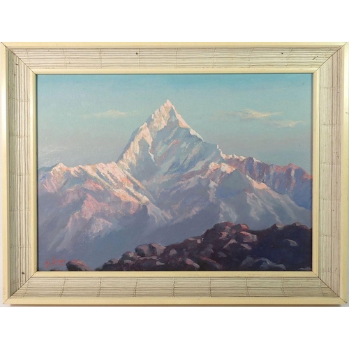 1063 - M Sain - oil on board Machapuchar Peak, Annapurma Range, 26 x 36cm