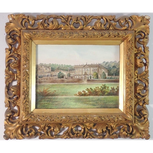 1086 - J Hancock - watercolour on porcelain panel of Chatsworth House, 17 x 33cm