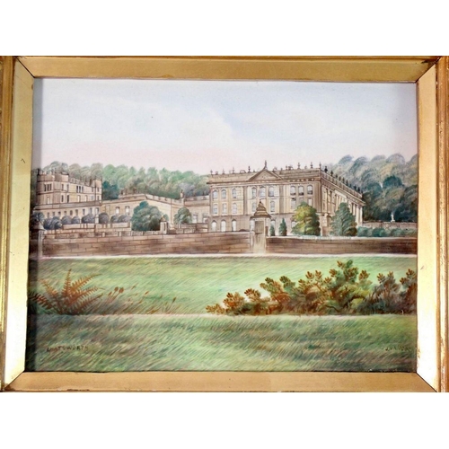 1086 - J Hancock - watercolour on porcelain panel of Chatsworth House, 17 x 33cm