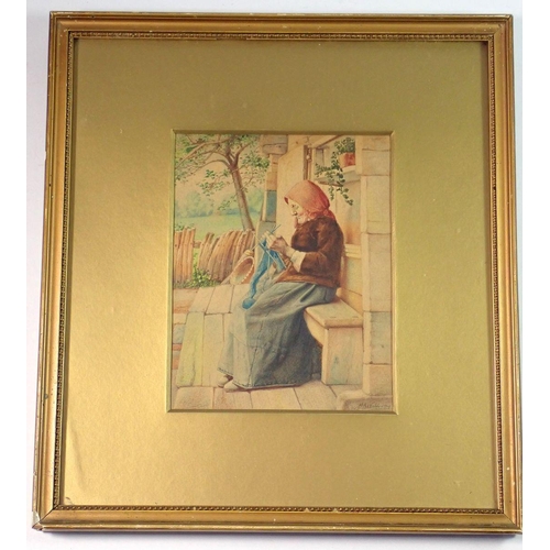 1088 - H A Williams - watercolour of a knitting lady 1906, 15 x 12cm