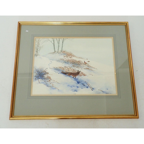 1103 - Beresford Hill - watercolour fox and pheasants in the snow, 37 x 51cm