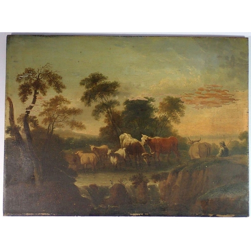 1104 - An early 19th century oil on panel of cattle, sheep and goat with herdsman by a river, 29 x 39cm