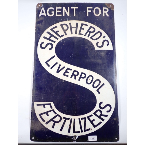 1116 - An enamel vintage sign 'Agent For Shepherd's Liverpool Fertilizers' 68 x 40cm