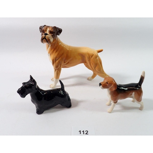 112 - A Royal Doulton boxer dog, 14cm tall, a fox hound and black Scottie dog