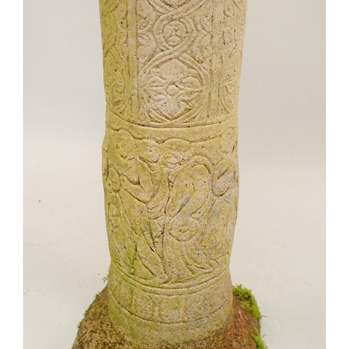 1120 - A reconstituted stoneware bird bath decorated classical maidens 77cm tall, the column older than the... 