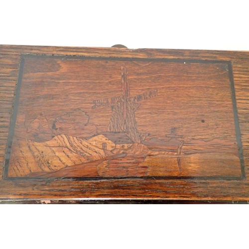 1135 - An early 20th century oak framed mirror with windmill marquetry, 62 x 49cm